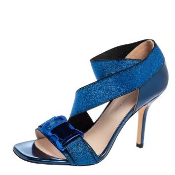 Pre Owned Christopher Kane Metallic Blue Leather And Lurex Fabric Crisscross Ankle Strap Sandals Size 38