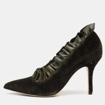 Pre Owned Christopher Kane Army Green Velvet and Ruffled Leather Pumps Size 40