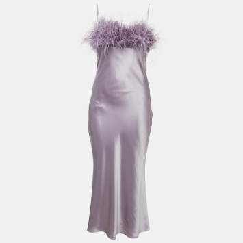 Pre Owned Cinq à Sept Purple Satin Silk Ostrich Feather Detail Cerise Slip Dress M