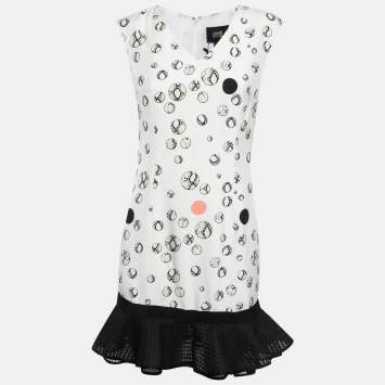 Pre Owned Class by Roberto Cavalli White Printed Crepe Tulle Ruffle Hem Detail Mini Dress M