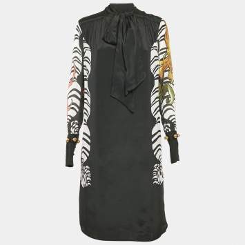 Pre Owned Class by Roberto Cavalli Black Printed Tie-Up Neck Midi Dress M