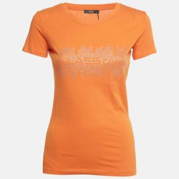 Pre Owned Class by Roberto Cavalli Orange Rhinestone Jersey T-Shirt XS