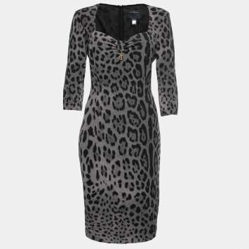Pre Owned Class by Roberto Cavalli Grey Animal Print Jersey Long Sleeve Dress M