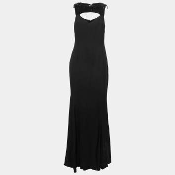 Pre Owned Class by Roberto Cavalli Black Crepe Embellished Cut-Out Detail Gown M