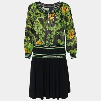 Pre Owned Class by Roberto Cavalli Black Knit& Printed Silk Midi Dress M