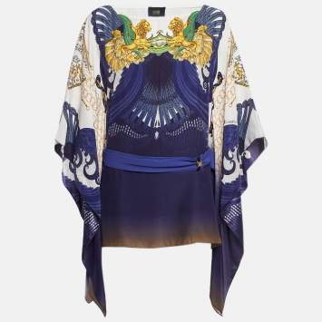 Pre Owned Class by Roberto Cavalli Navy Blue Printed Satin Silk Kaftan Top M