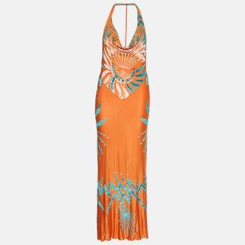 Pre Owned Class by Roberto Cavalli Orange Jersey Velvet Textured Halter Neck Maxi Dress L