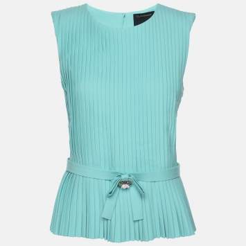 Pre Owned Class Roberto Cavalli Blue Pleated Crepe Embellished Top M