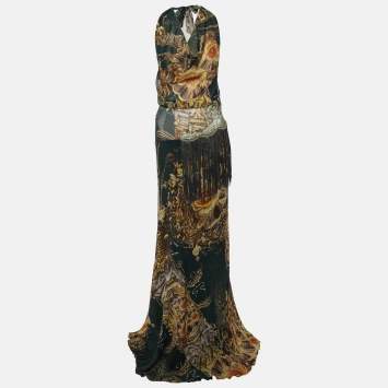 Pre Owned Class by Roberto Cavalli Green Printed Silk Lace Halter Neck Dress M