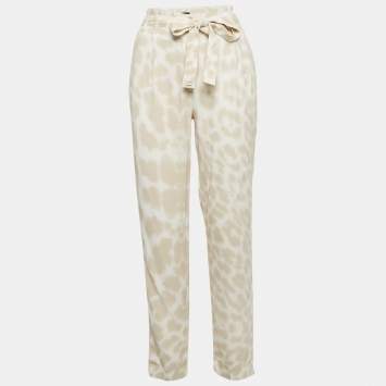 Pre Owned Class by Roberto Cavalli Beige/White Printed Crepe Belted Pants S