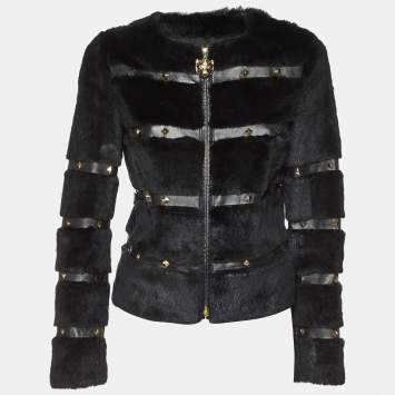 Pre Owned Class by Roberto Cavalli Black Fur & Faux Leather Studded Jacket M