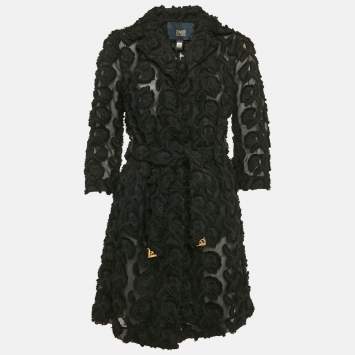 Pre Owned Class by Roberto Cavalli Black Floral Embroidery Organza Belted Short Coat S