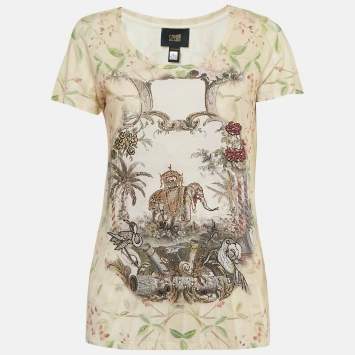 Class by Roberto Cavalli Beige Printed Jersey Beads Embellished T-Shirt M