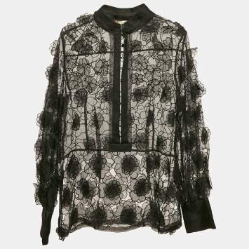 Class by Roberto Cavalli Black Organza Floral Applique and Cut-Out Sheer Blouse M