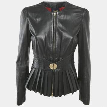 Class by Roberto Cavalli Black Leather Pleated Jacket M