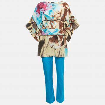 Pre Owned Class by Roberto Cavalli Multicolor Printed Silk Top & Taffeta Pant Set M  