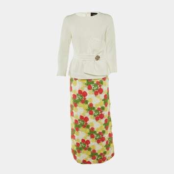 Pre Owned Class by Roberto Cavalli White Crepe & Floral Lace Peplum Maxi Dress M
