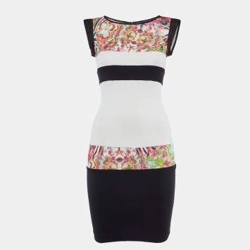 Pre Owned Class by Roberto Cavalli Black /White Floral Print Jersey Mesh Detail Mini Dress S 