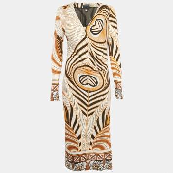 Pre Owned Class by Roberto Cavalli White Printed Jersey Midi Dress L