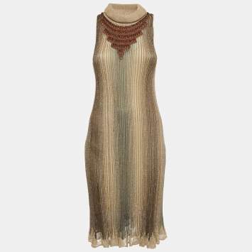 Pre Owned Class by Roberto Cavalli Brown Embellished Lurex Knit Midi Dress M
