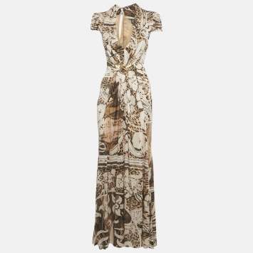 Pre Owned Class by Roberto Cavalli Brown Snakeskin Print Jersey Pleated Maxi Dress S