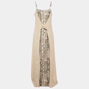 مملوكة مسبقًا Class by Roberto Cavalli Beige Snake Skin Print Crepe Layered Maxi Dress L