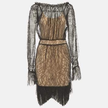مملوكة مسبقًا Class by Roberto Cavalli Black/Beige Sheer Lace Off Shoulder Dress M