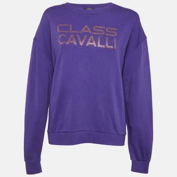 Pre Owned Class by Roberto Cavalli Purple Logo Studded Cotton Sweatshirt L