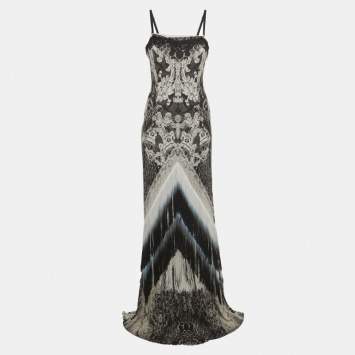Pre Owned Class by Roberto Cavalli Monochrome Printed Jersey Fringed Maxi Dress M