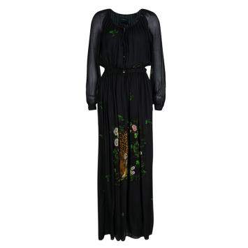 Pre Owned Class by Roberto Cavalli Black Leopard Figure Floral Print Long Sleeve Maxi Dress S