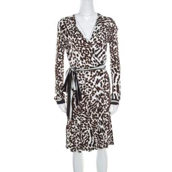 Pre Owned Class by Roberto Cavalli White Leopard Printed Knit Long Sleeve Wrap Dress M