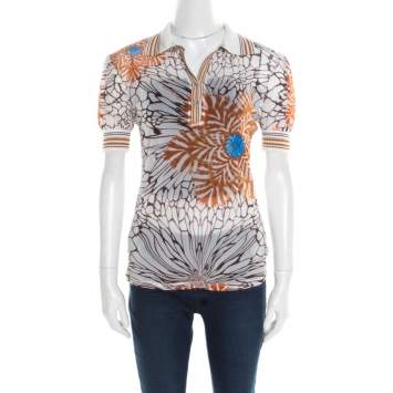 Pre Owned Class by Roberto Cavalli Off White Floral Printed Sheer Ribbed Trim Top M