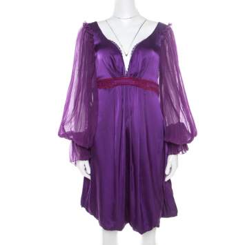 Pre Owned Class by Roberto Cavalli Purple Satin Embroidered Waist Detail Plunge Neck Dress M