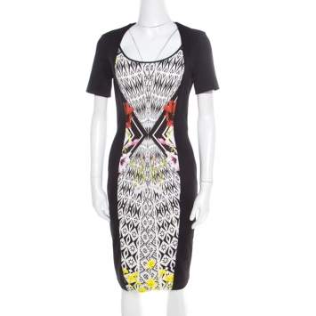 Pre Owned Roberto Cavalli Black Jacquard Contrast Printed Panel Short Sleeve Dress M