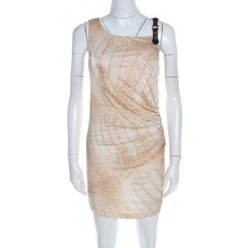 Pre Owned Class by Roberto Cavalli Beige Snakeskin Printed Leather Trim Ruched Fitted Dress M