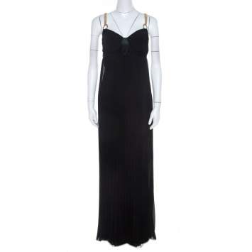 Pre Owned Class By Roberto Cavalli Black Pleated Chiffon Gold Chain Strap Detail Maxi Dress M 