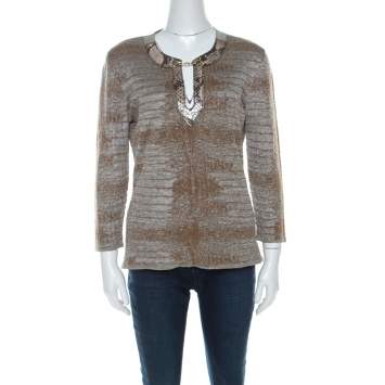 Pre Owned Class by Roberto Cavalli Brown & Grey Snake Pattern Snakeskin Neck Detail Knit Top L