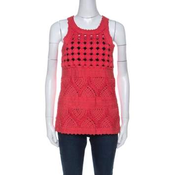 Pre Owned Cavalli Class Coral Red Cord Lace Embroidered Sleeveless Top M