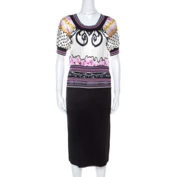Pre Owned Class By Roberto Cavalli Multicolor Printed Bodice Knit Detail Sheath Dress M