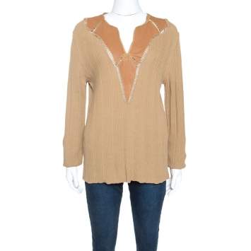 Pre Owned Class by Roberto Cavalli Tan Rib Knit Leather Trim Top XXL