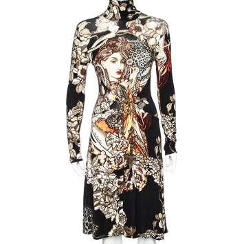 Pre Owned Class by Roberto Cavalli Black Printed Knit High Neck Midi Dress M