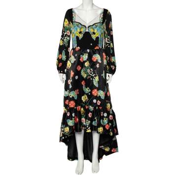 Pre Owned Cavalli Class Black Floral Printed Sateen And Crepe Paneled Ruffled Hem Gown M