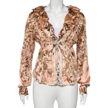 Pre Owned Class by Roberto Cavalli Pink Floral Printed Silk Satin Ruffled Neck Shrug L