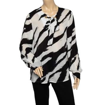Pre Owned Class by Roberto Cavalli Monochrome Chiffon Neck Tie Detail Blouse L 