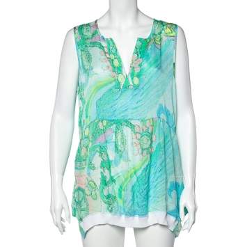Pre Owned Class by Roberto Cavalli Blue Printed Silk Rib Knit Trim Detailed Top L