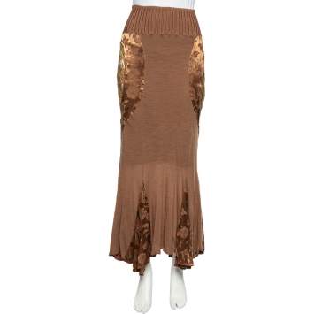 Pre Owned Class by Roberto Cavalli Brown Wool Knit Paneled Skirt M