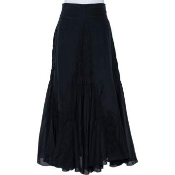 Pre Owned Class by Roberto Cavalli Navy Blue Smocked Detailed Flared Maxi Skirt M