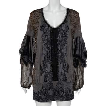 Pre Owned Class by Roberto Cavalli Grey Printed Jersey Overlay Sleeve Detailed Top L