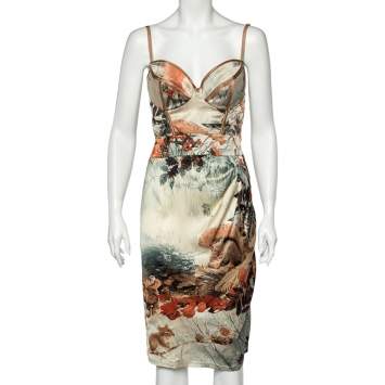 Pre Owned Class by Roberto Cavalli Beige Floral Squirrel Print Silk Bustier Dress L