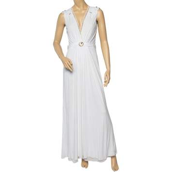 Pre Owned Class by Roberto Cavalli White Jersey Lace Trim Detail Plunge Neck Maxi Dress L